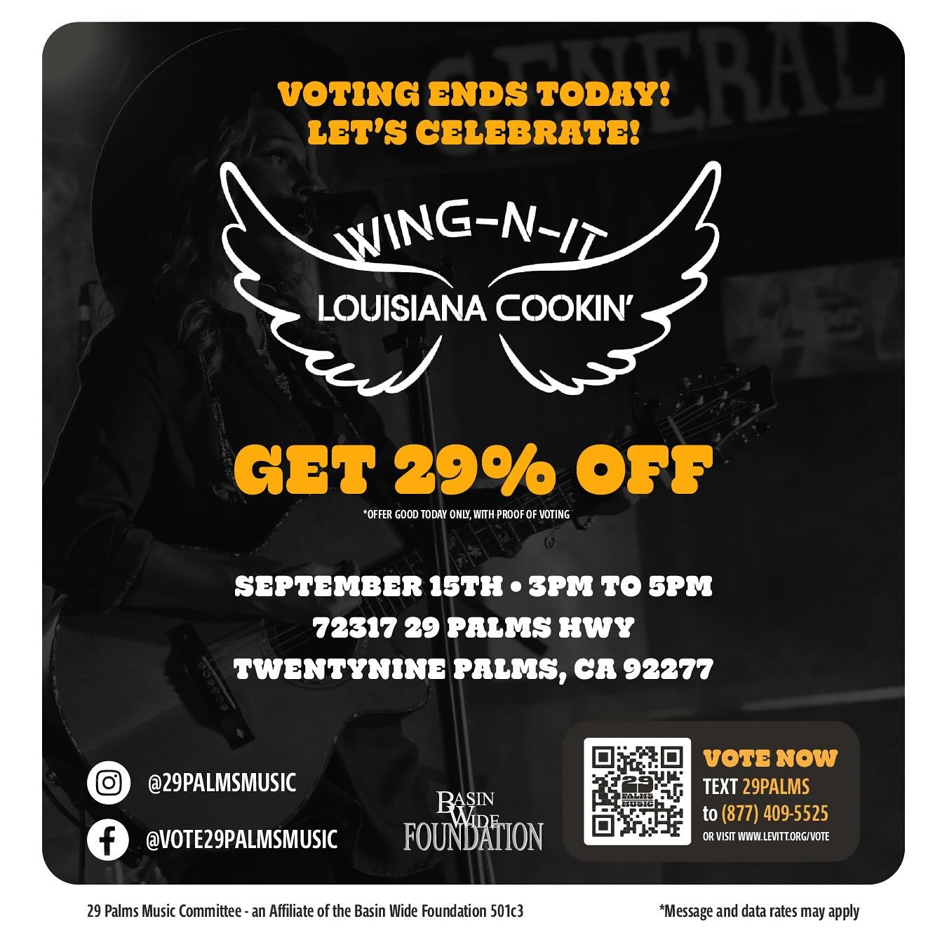 📣 Are you ready to celebrate the end of our voting period? Join us at Wing-N-It and enjoy 29% off your order! The offer is good all day, but if you need some help voting, stop by 3PM to 5PM and we&rsquo;ll get you setup!

❓Have you voted yet? Today&