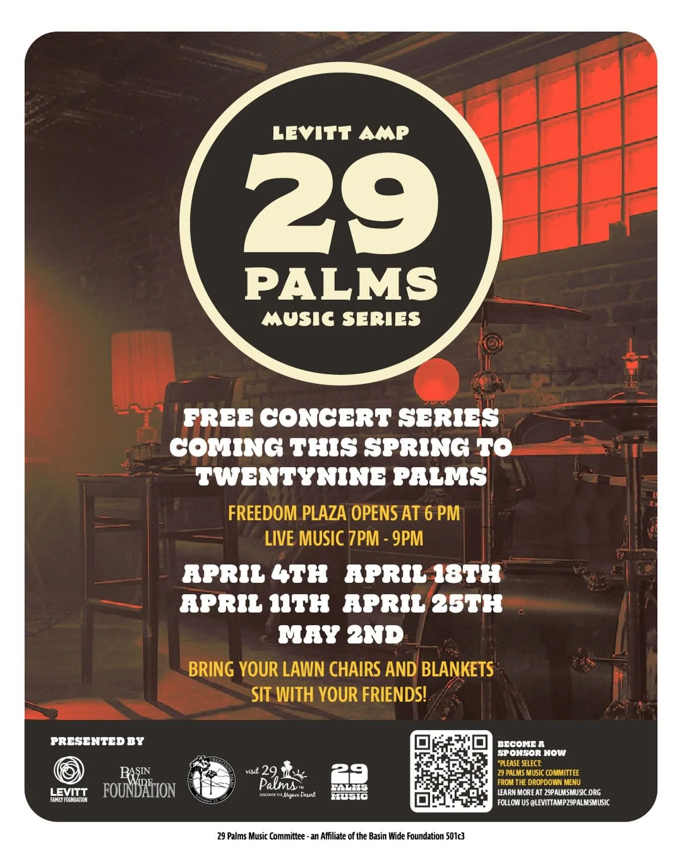 📆 Save the dates!! Back to back weekends this April through May 2nd!

🎤 Free and family friendly! We can&rsquo;t wait to see you there!

🎸 Line up coming soon!

#levittamp #twentyninepalms #joshuatree #yuccavalley #livemusic