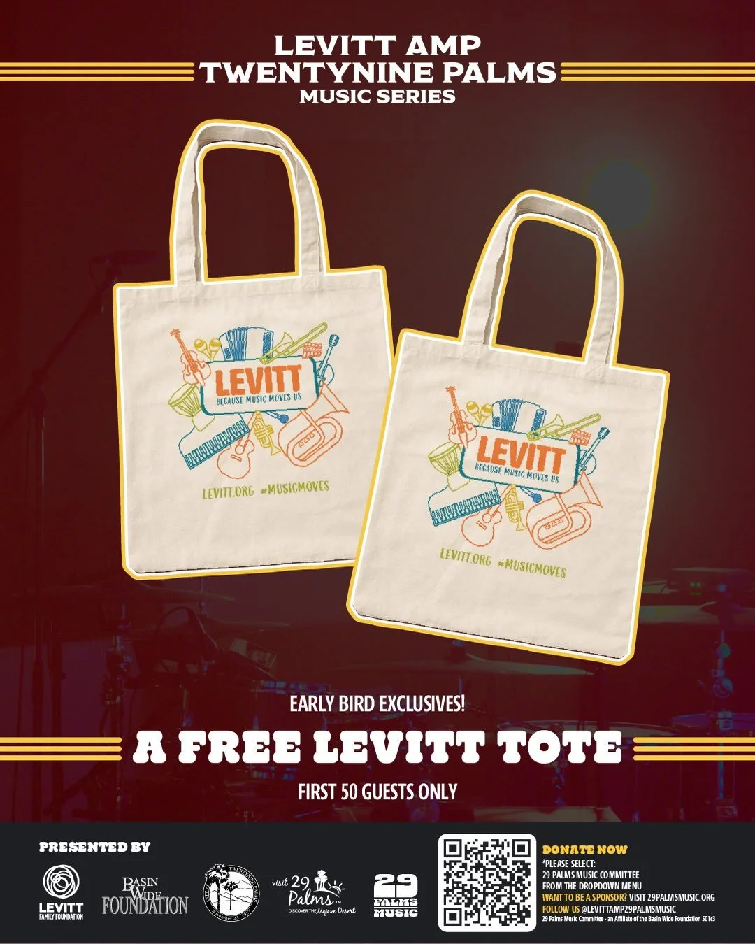 Tonight&rsquo;s the night! 🎶

Join us tonight at Freedom Plaza for the Levitt AMP Twentynine Palms Music Series and be part of the first wave of the season.

The first 50 guests will receive a free tote from our sponsors @levittfoundation 

Food ven