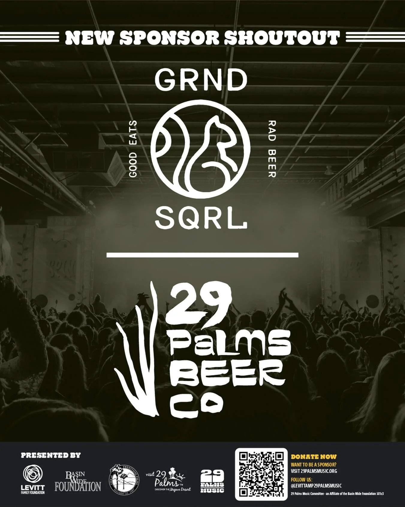 👏🏽 Let&rsquo;s get a round of applause for our April 18th and April 25th Concert Sponsors!

🐿️ GRND SQRL is your beer and food oasis of the hi dez. They&rsquo;re a&nbsp;funky and delicious dose of memorable food and drink for those that need it; o