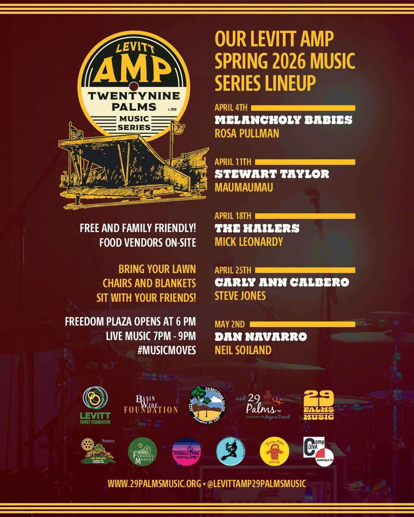 Only two shows left in our Spring Music Series! What&rsquo;s Next on Stage?

April 25 &ndash; Sponsored by @grnd.sqrl and @29palmsbeerco &ndash; Double the Music, Double the Energy

Start the night at 6 PM with the Latina Dance Project, bringing an i
