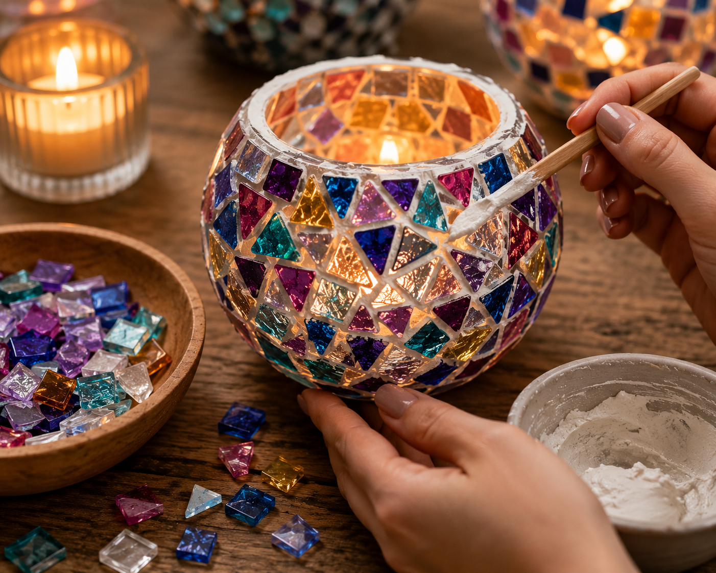 Person decorating a mosaic glass candle holder with colorful glass pieces on a wooden table, surrounded by candles and bowls of glass pieces.