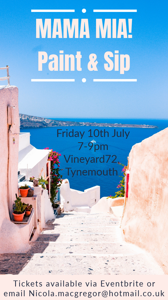 An event poster for a paint and sip party called 'Mama Mia!' set on a scenic coastal location with white buildings, colorful flowers, and a view of the sea and cliffs in the background.