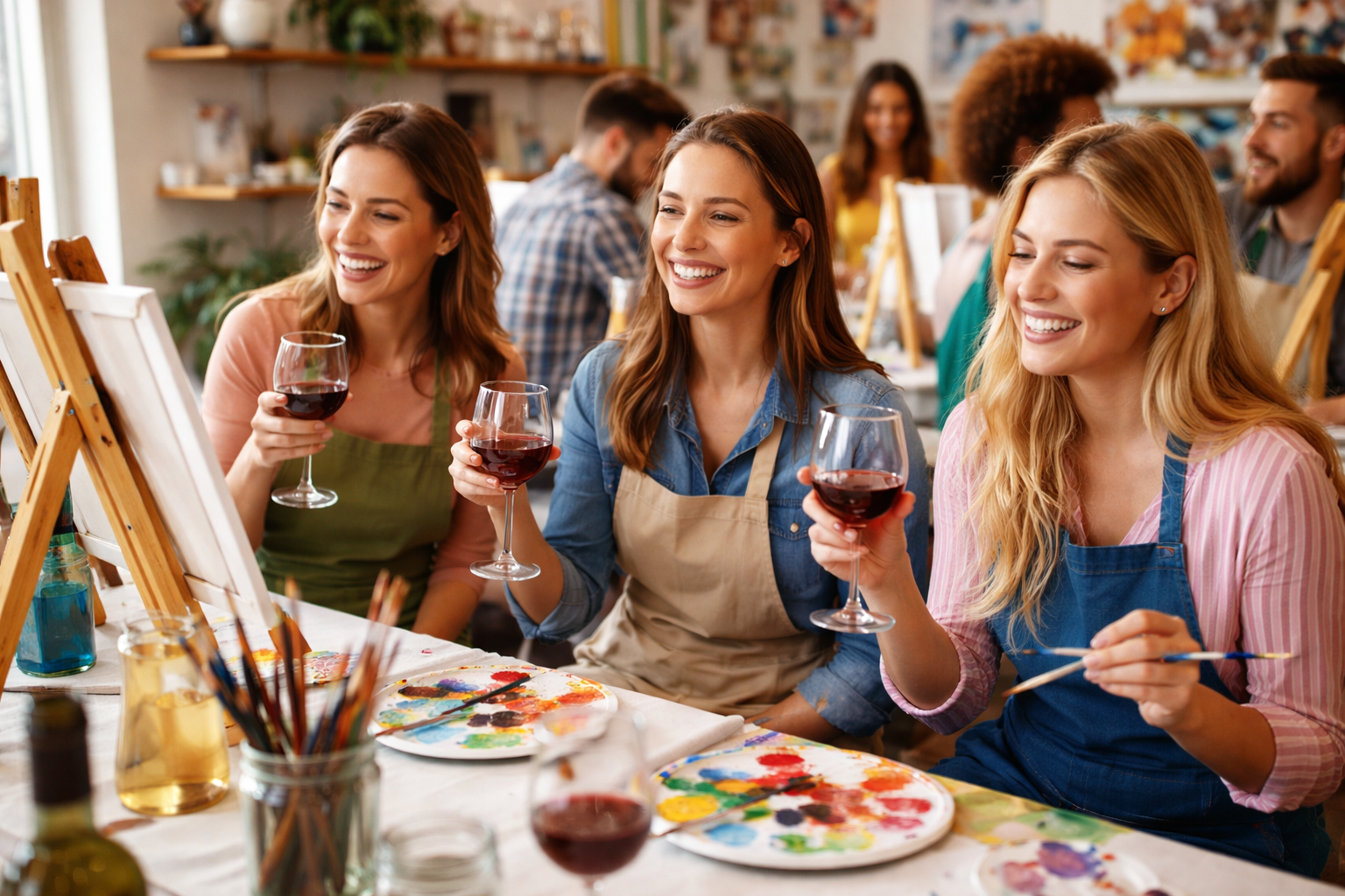 Three women in aprons smiling and enjoying red wine while painting at an art class.