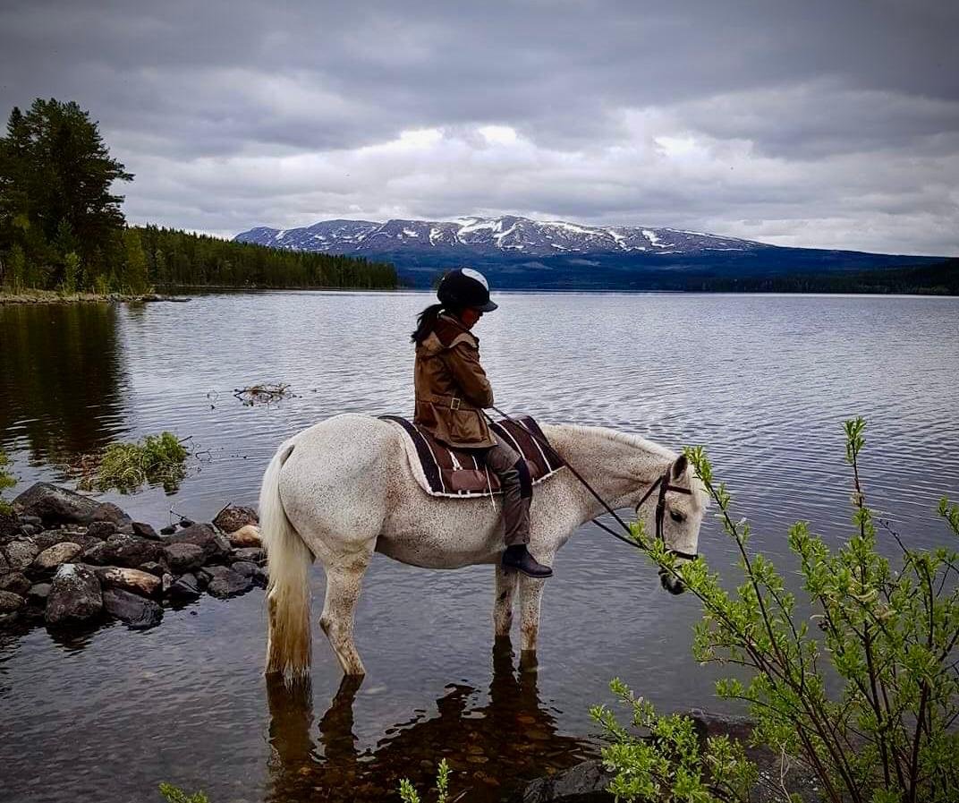 A person riding a white horse in a shallow lake with mountainous landscape in the background and cloudy sky.