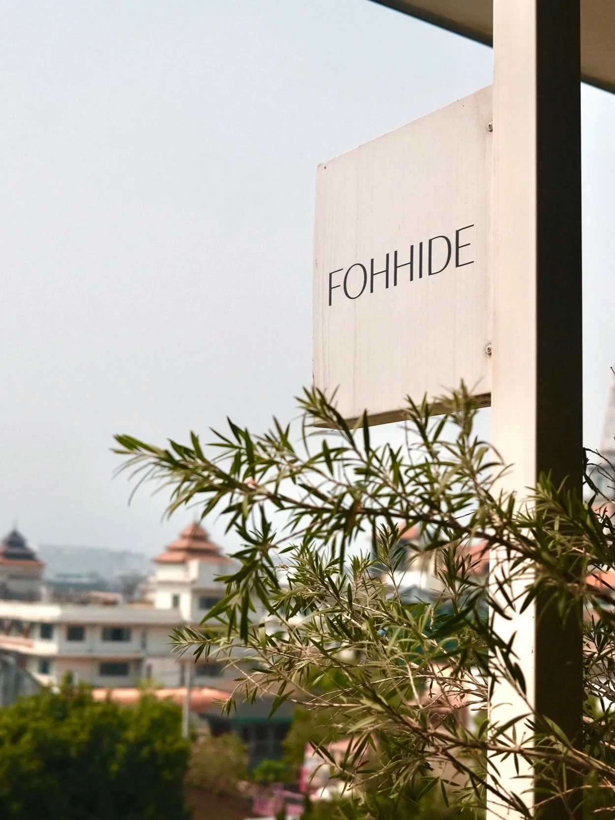 White sign with the word 'FOHHIDE' on it, near green foliage, in an urban setting with buildings and rooftops in the background. Cafe Chiang Mai.