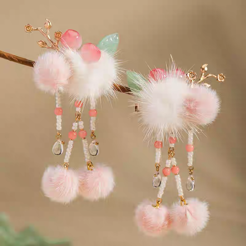 Peach-shaped Hair Clip Pair with Pink Pom-poms