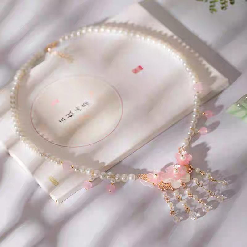 Pink Cherry Blossom Pendant Pearl Necklace - "Beauty's Smile"
