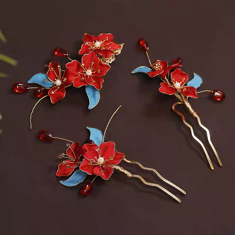 Red Cloisonné Headpiece Set