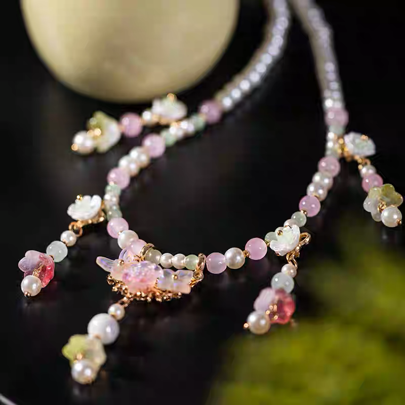 Lily of the Valley Necklace in Green and Pink