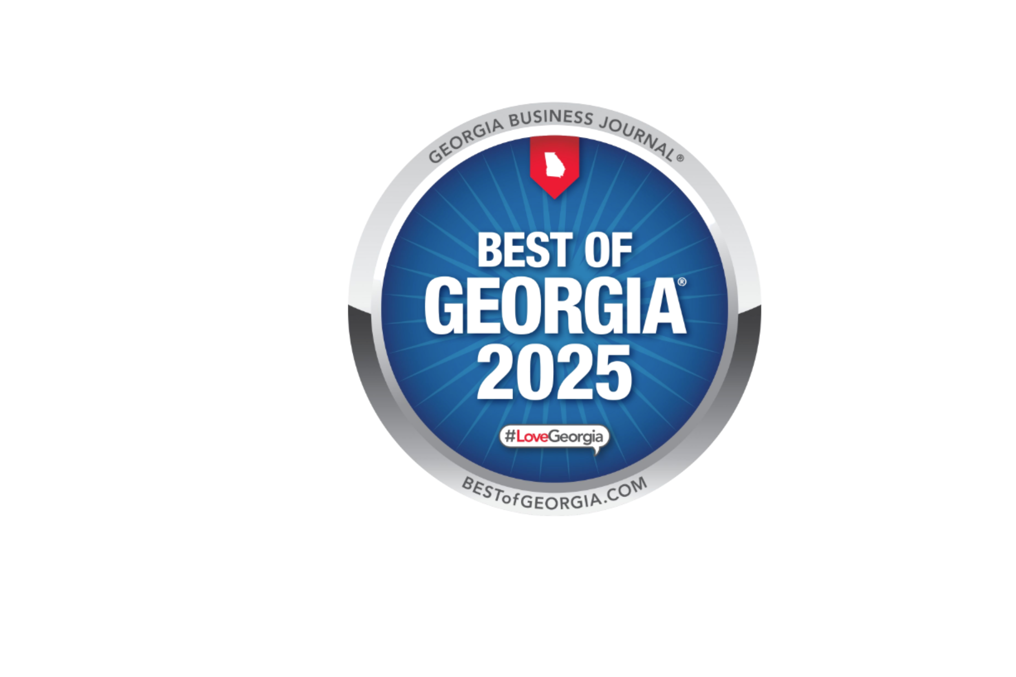 A circular badge with the text "Best of Georgia 2025" and the Georgia state outline at the top. The background is blue with radiating lines, and the border is silver. The badge includes the website URL "bestofgeorgia.com" and the hashtag "LoveGeorgia" at the bottom.