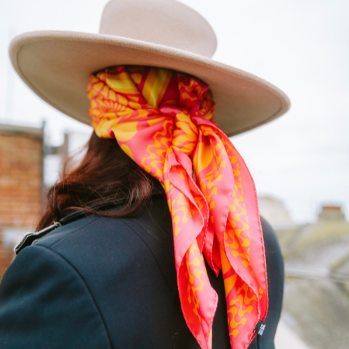 Pink and Yellow printed silk twill scarf De Luca London