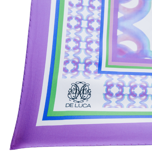 Purple and white printed silk twill scarf De Luca London