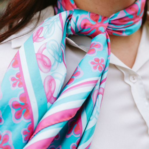 Turquoise and pink printed silk twill scarf De Luca London
