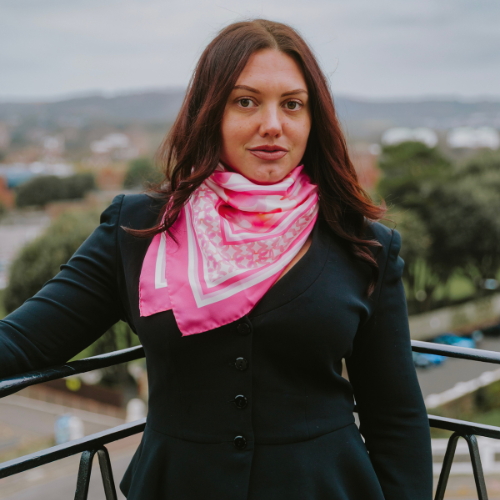 pink and white printed silk twill scarf De Luca London