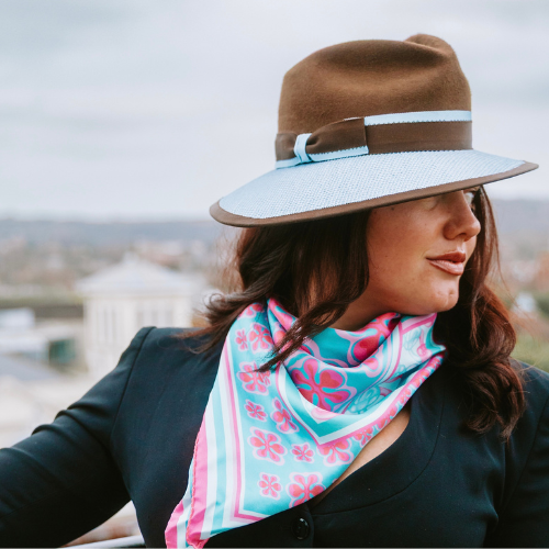 Turquoise and pink printed silk twill scarf De Luca London