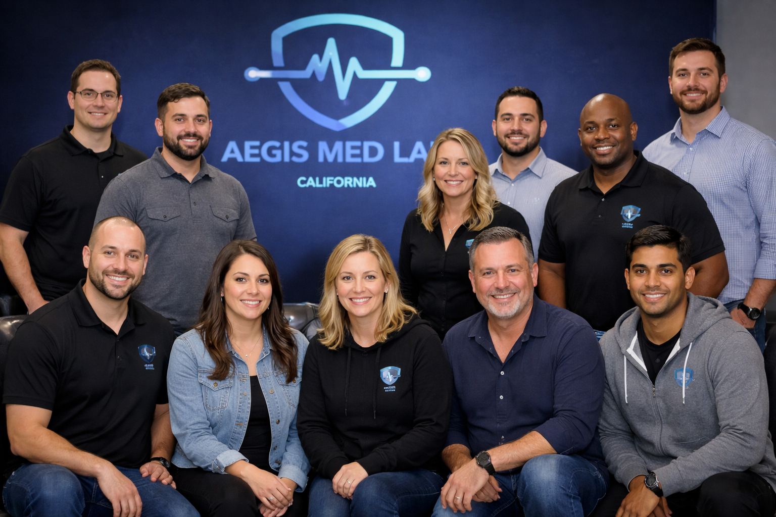 Group photo of eleven people, four women and seven men, in an office with a dark blue wall. The wall displays the logo and name "Aegis Med Law California." Some individuals wear casual clothing, while others are dressed in black polo shirts with a logo. Everyone is smiling and sitting or standing in two rows.