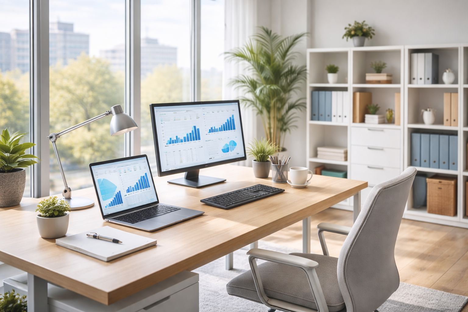 Modern office workspace with a wooden desk, two monitors displaying graphs, a laptop, a keyboard, and a mouse. Decor includes potted plants, stationery, a notebook, and a coffee mug. Large windows let in natural light, with city buildings and trees outside.