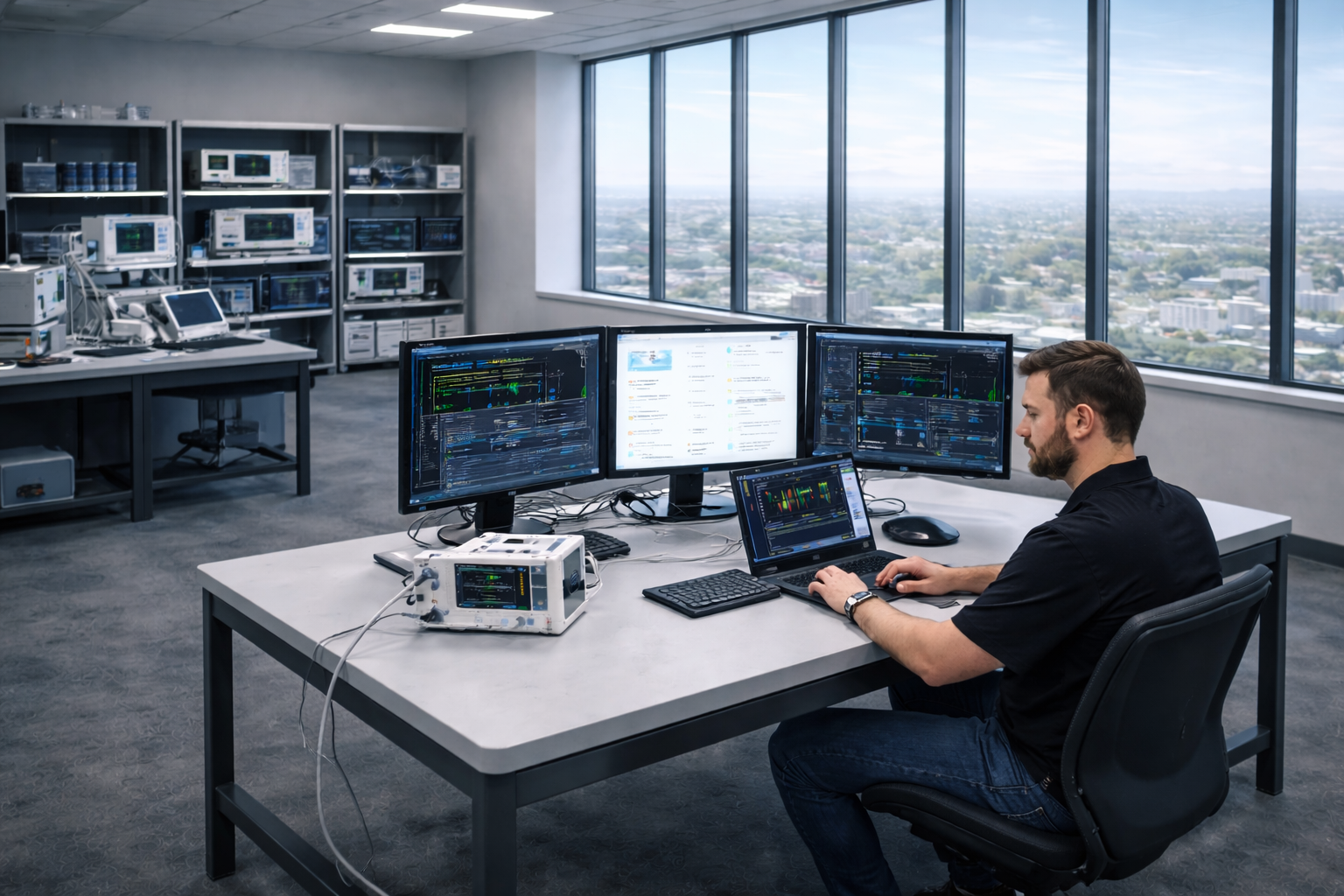 A man working at a desk in a high-rise office with multiple computer monitors displaying data and graphs, with large windows showing a cityscape outside.