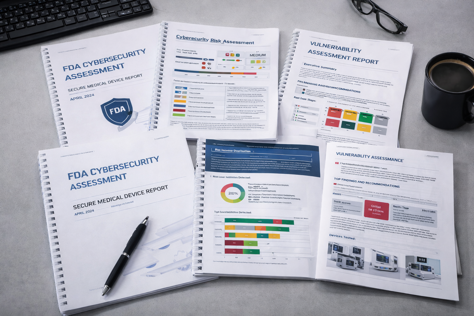 Several printed reports and documents related to FDA cybersecurity assessment spread out on a gray desk, a black pen resting on one of them, a pair of glasses, a black coffee mug, and a computer keyboard in the background.
