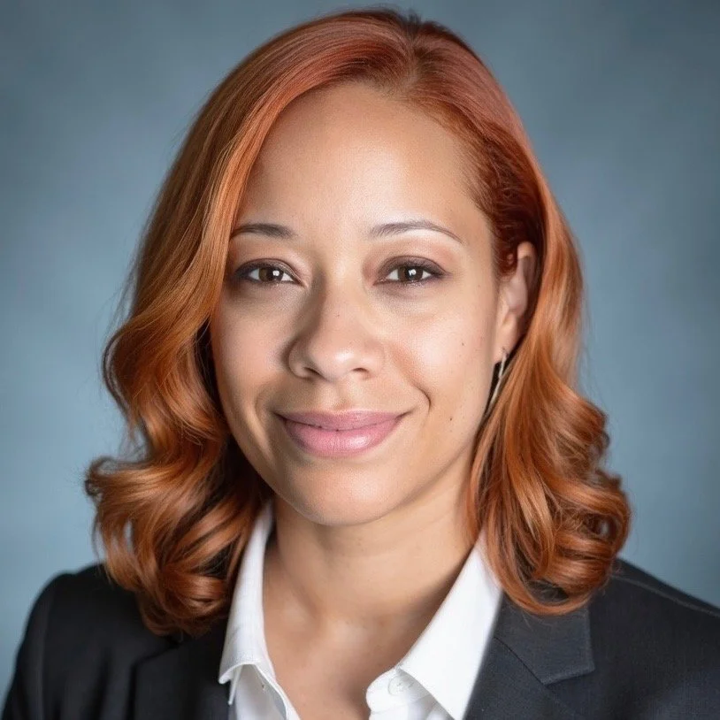A woman with shoulder-length red hair, wearing a dark blazer over a white shirt, smiling against a blue background.