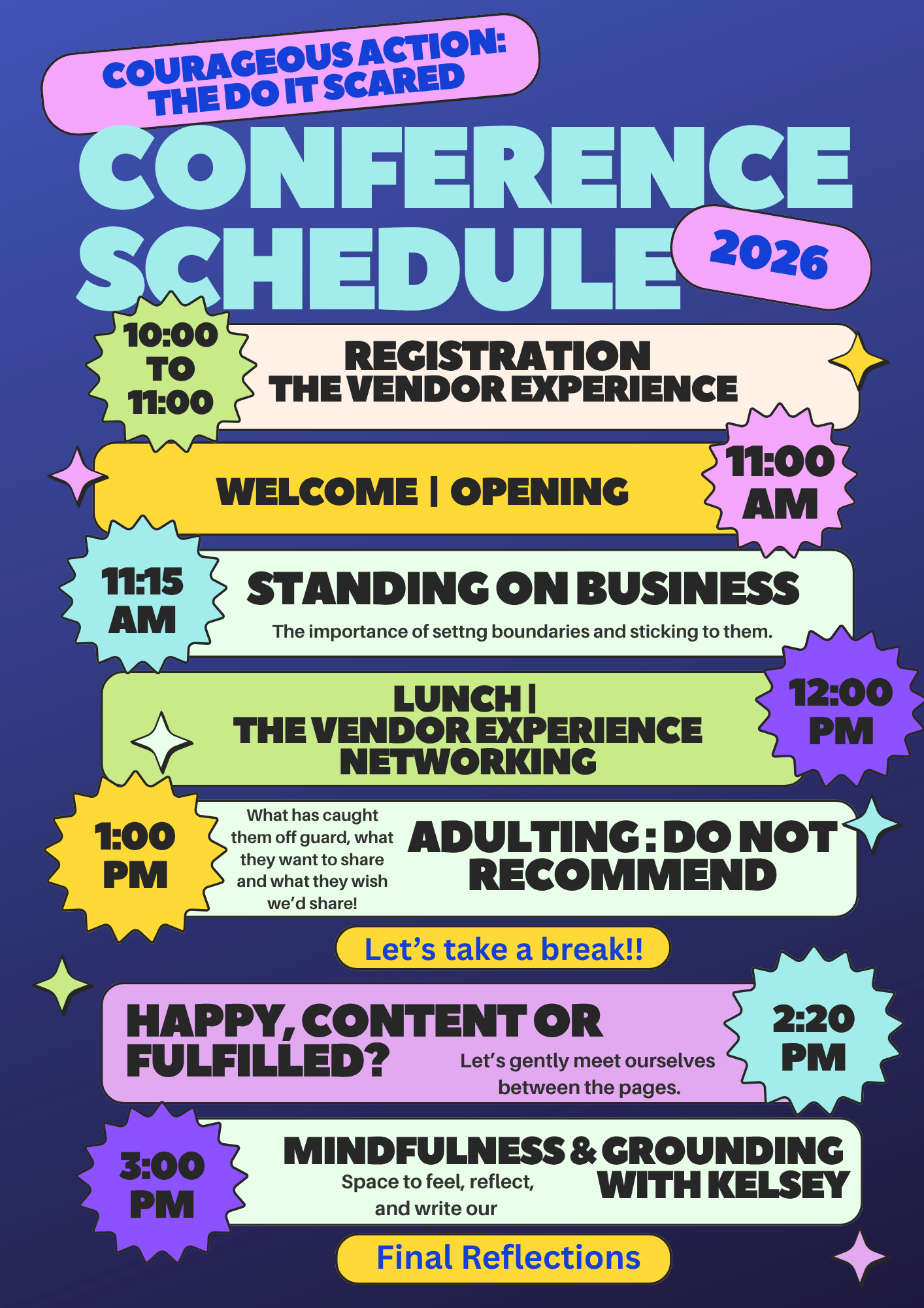 A colorful conference schedule for 2026 with various activities and times, including registration, opening, presentations, lunch, mindfulness, and final reflections.