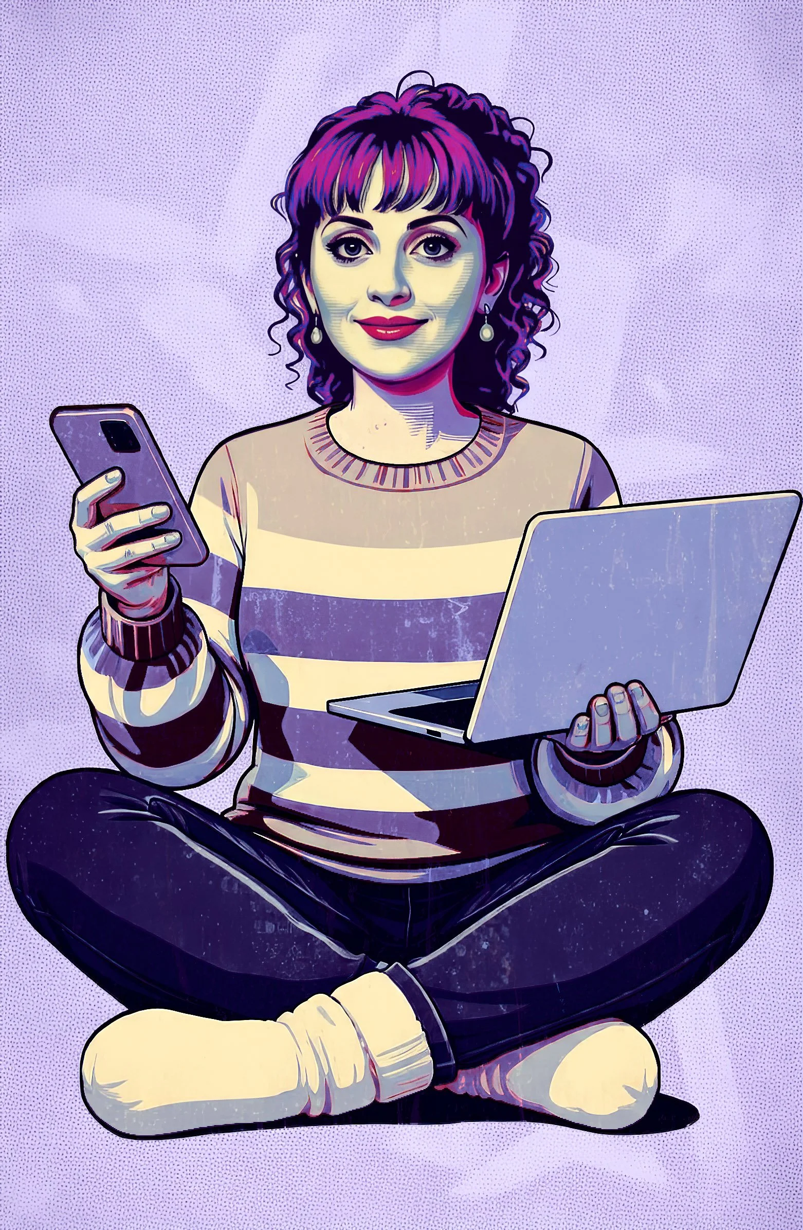 Une femme assise en croix, tenant un smartphone dans une main et un ordinateur portable sur ses genoux, illustration de style dessin animé ou bande dessinée.