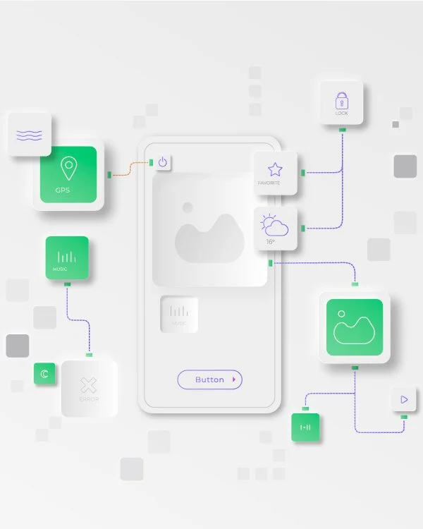 Schéma illustrant une interface utilisateur pour un smartphone avec icônes de localisation GPS, musique, erreur, météo, favori, verrou, et nuages, reliées par des lignes colorées, dans un design minimaliste en gris et vert pale.