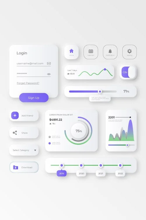 Interface utilisateur d'une application de gestion de données avec sections pour login, statistiques, commutateur ON/OFF, graphiques, et options de partage et téléchargement.