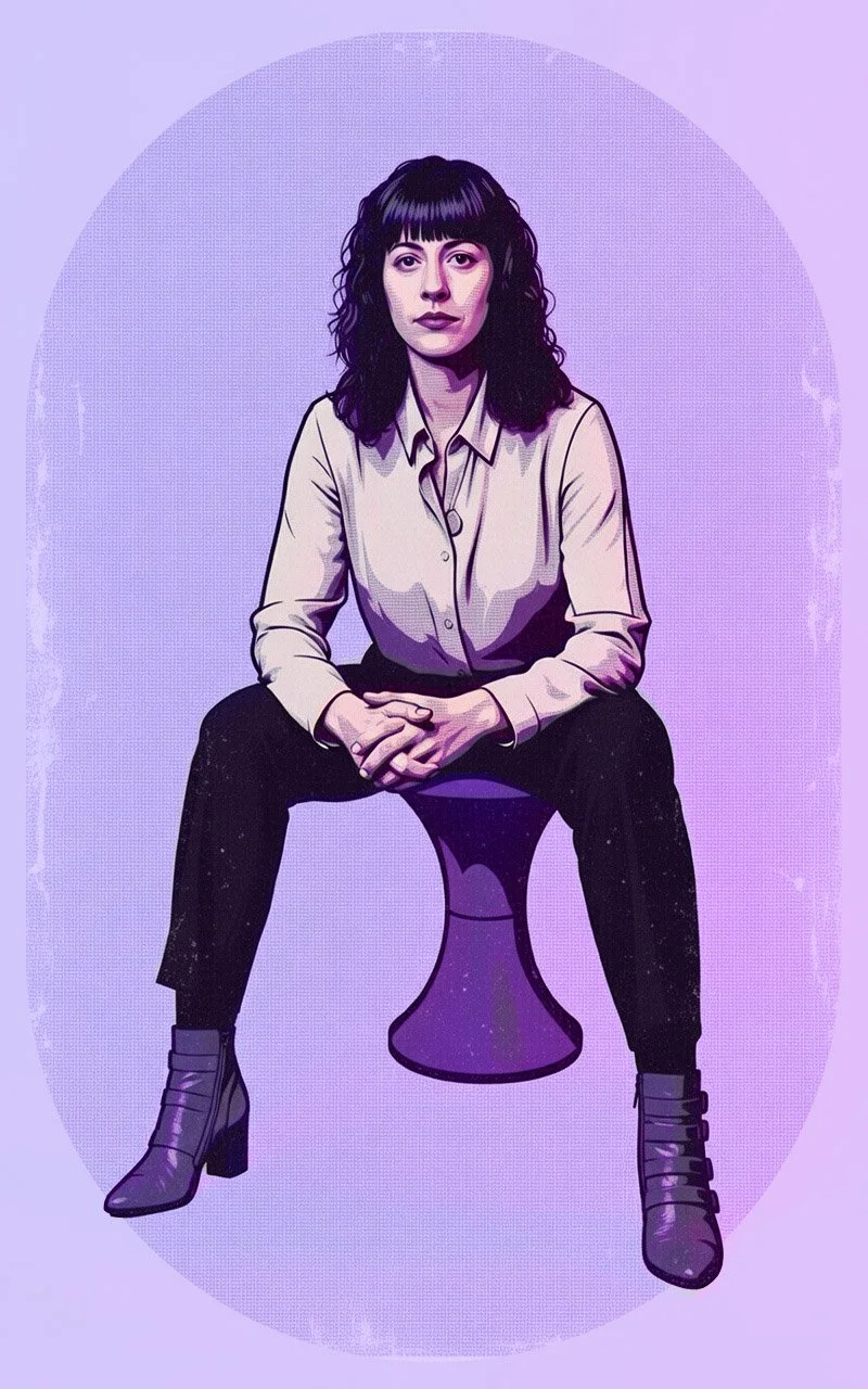 Illustration d'une femme assise sur un tabouret, fond violet, portant une chemise beige, des bottines, avec des cheveux noirs bouclés avec une frange.