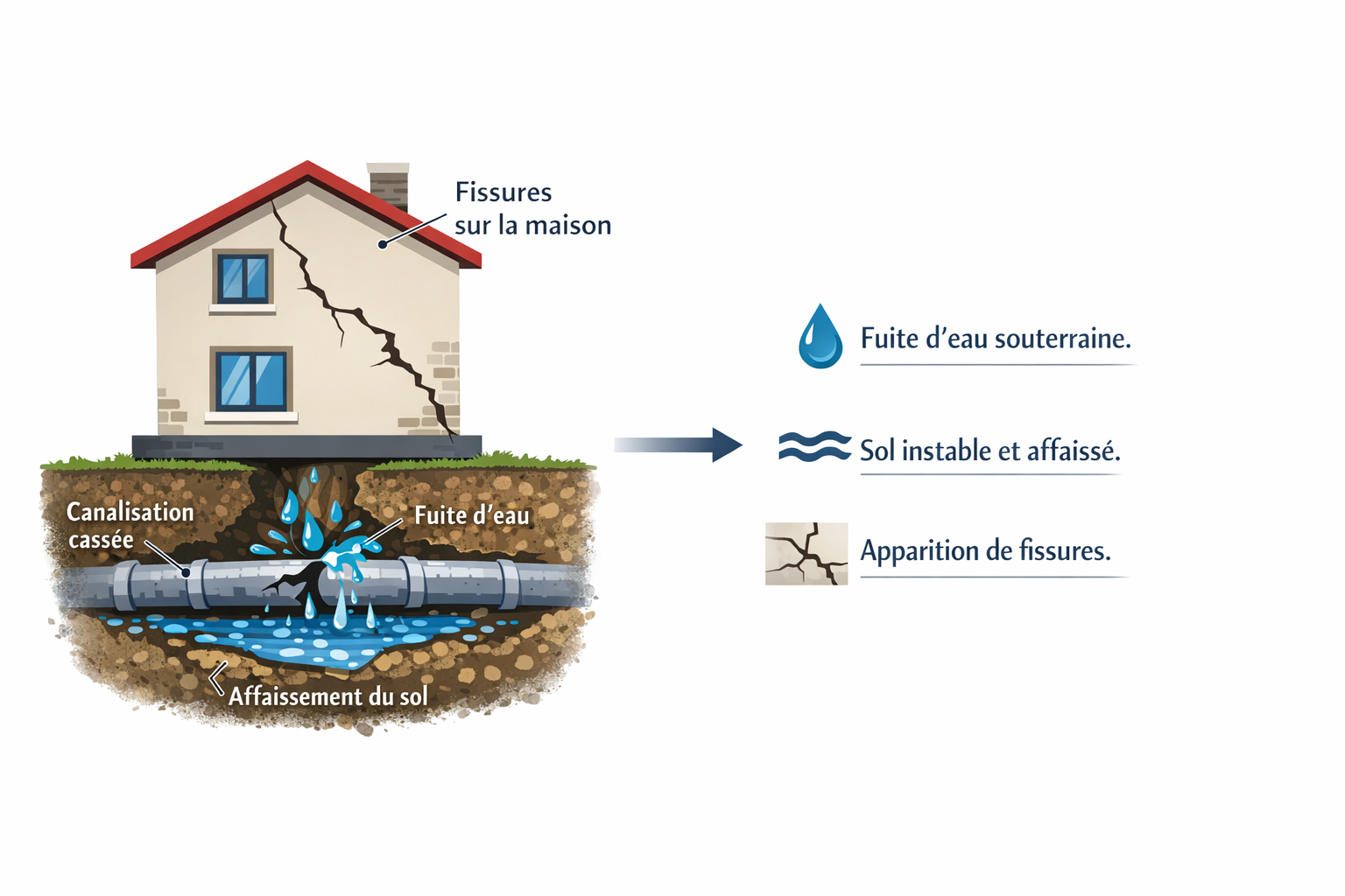 schéma sur l'apparition de fissure sur les murs  qui sont liées a une fuites d'eau