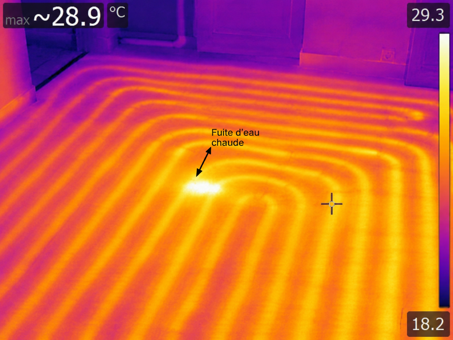 detection de fuite sur un chauffage au sol par la caméra thermique, suite a uneperte de pression sur la chaudière / pompe à chaleur