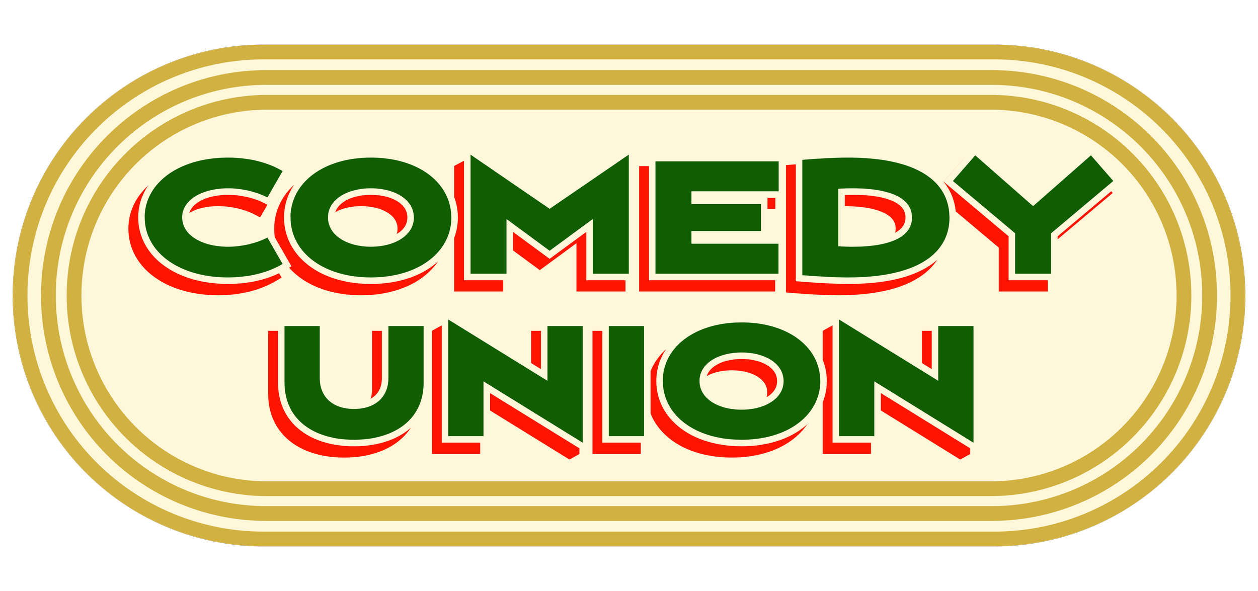 Logo for Comedy Union with green and red text on a beige background with gold border.