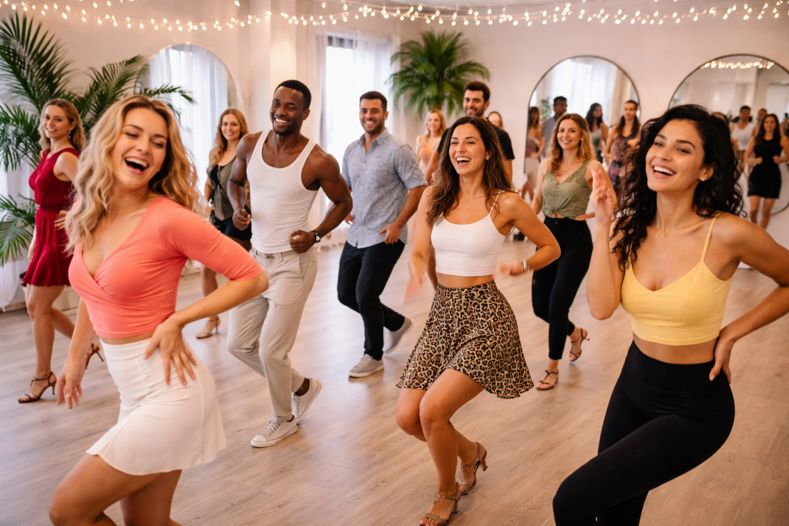 A group of friends dancing and laughing in a well-lit dance studio decorated with string lights and large mirrors.
