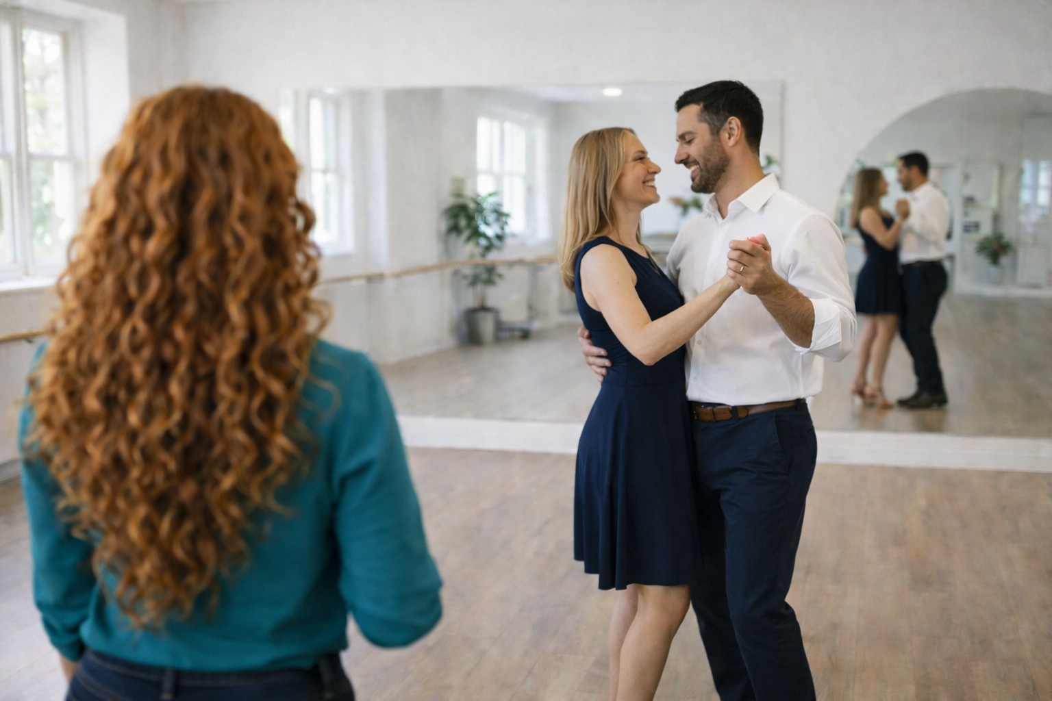 A couple dancing in a dance studio, looking at each other and smiling, with another woman observing in the foreground.