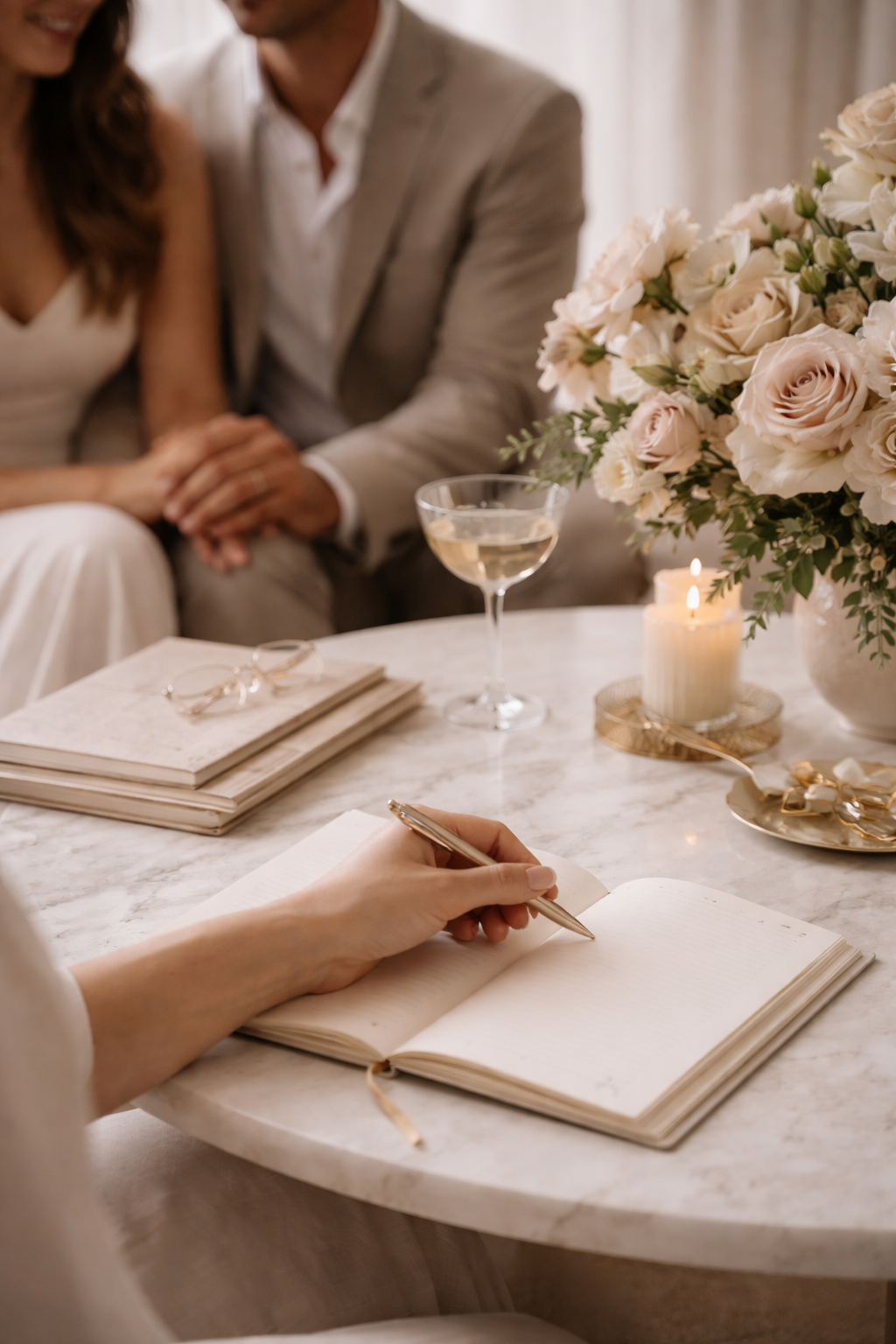 A woman is writing in a notebook at a marble table, with a large bouquet of white and blush roses, a lit candle, a glass of white wine, and closed books nearby. In the background, a couple is sitting close together, holding hands.