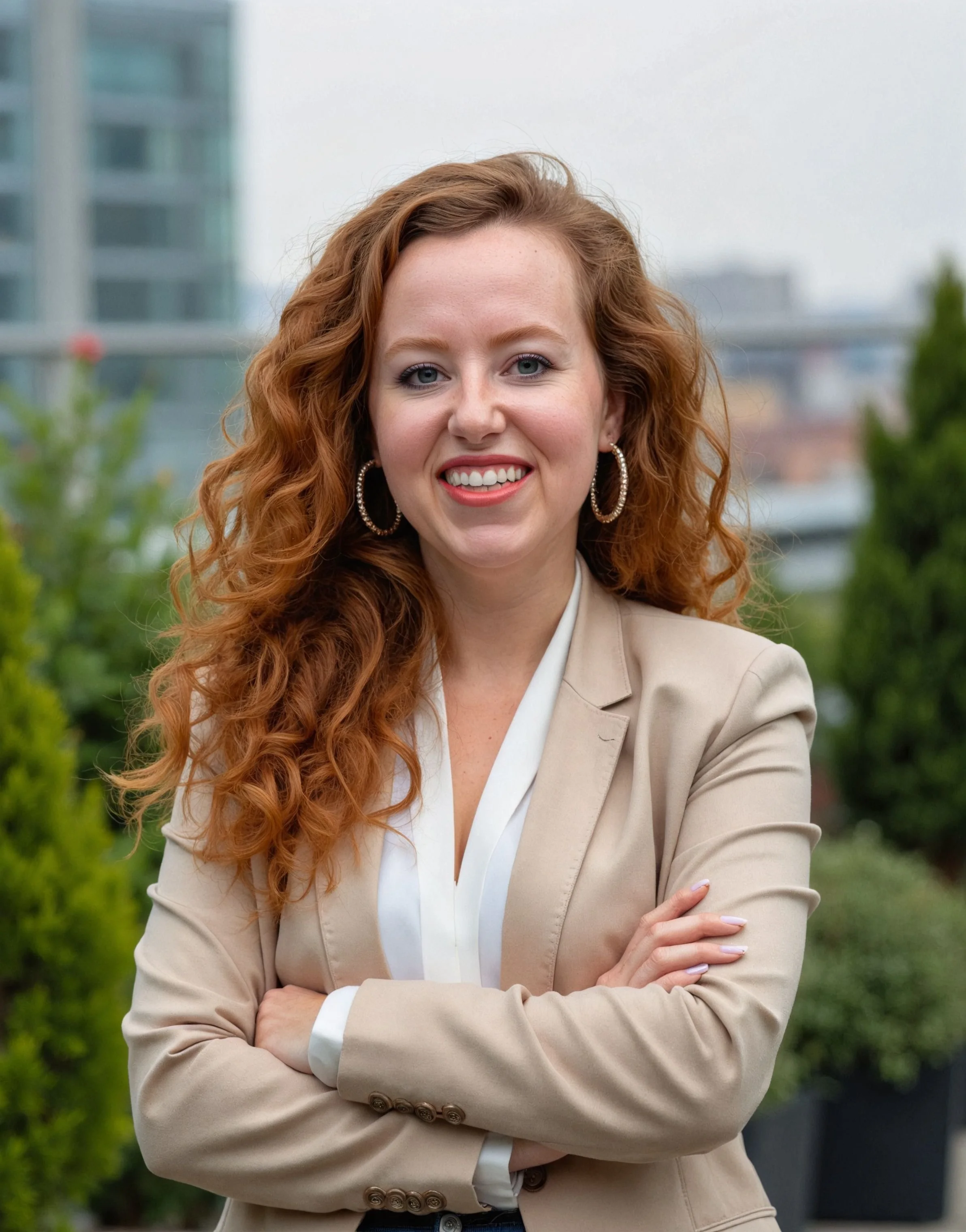 Professional woman with curly red hair smiling outdoors in a city park, wearing a beige blazer, white blouse, and hoop earrings.