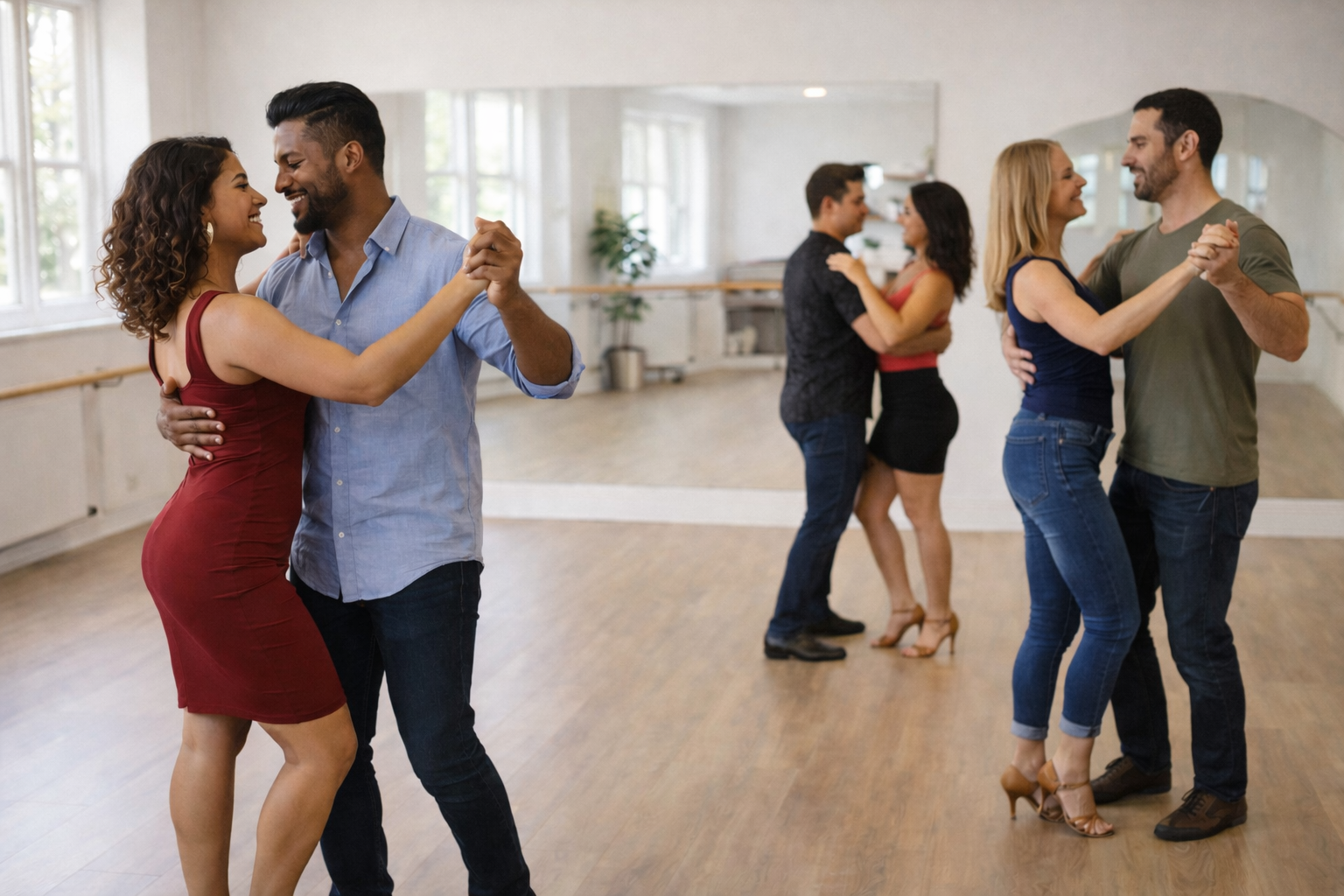Two couples dancing closely in a dance studio with wooden floors and mirrored walls.