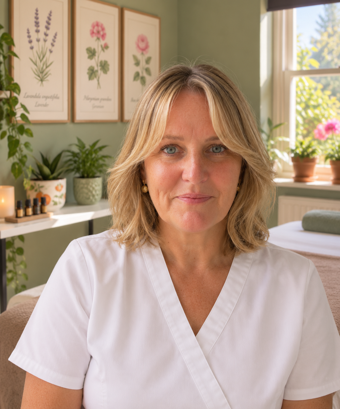 A blonde woman in a white medical uniform sitting in a wellness or massage room with plants, framed botanical prints, and a window with sunlight in the background.