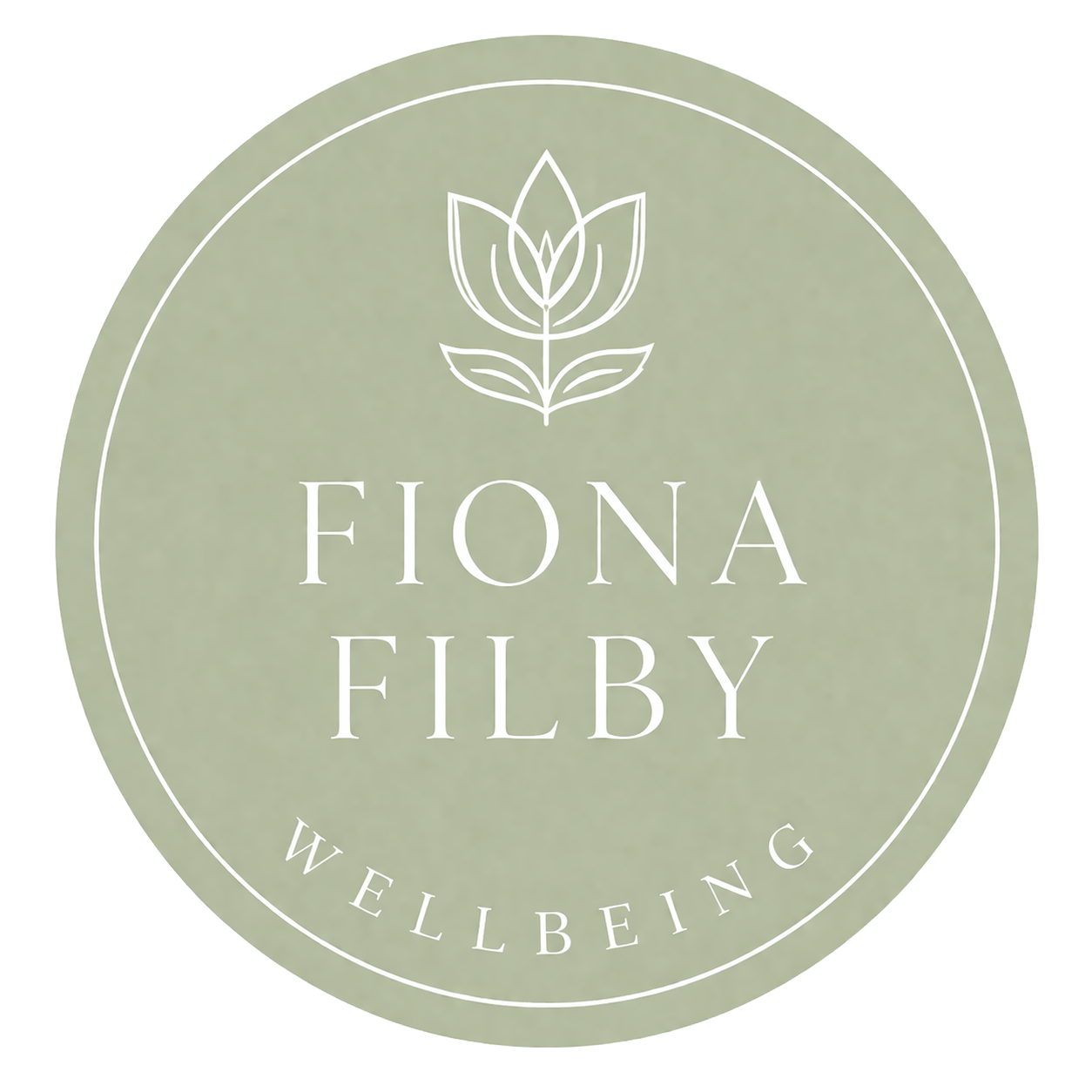 Logo for Fiona Filby Wellbeing, featuring a minimalistic lotus flower above the name, on a circular green background.