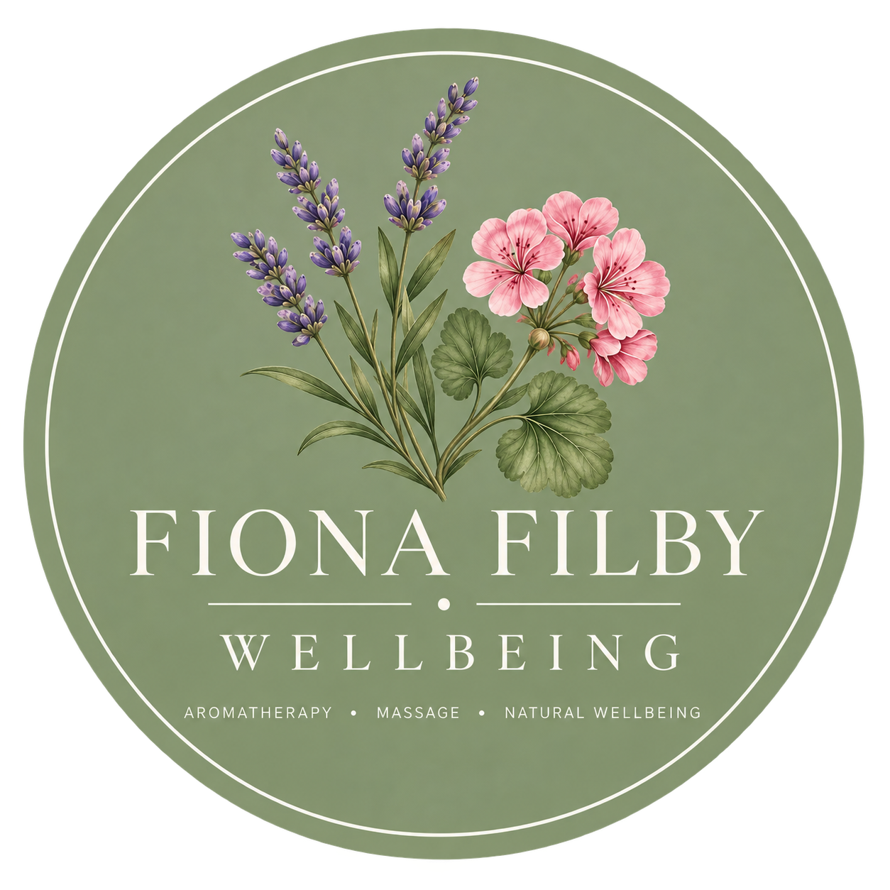 A circular logo with a green background featuring purple lavender and pink geranium flowers. Text reads 'Fiona Filby Wellbeing' with additional words 'Aromatherapy, Massage, Natural Wellbeing'.