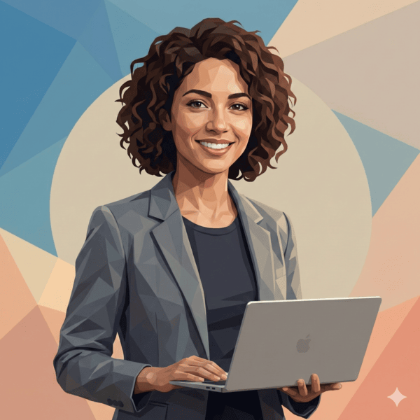 A woman with curly hair wearing a gray blazer holding a laptop, smiling, against a geometric colorful background.