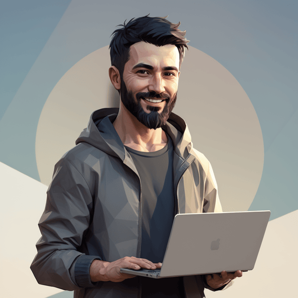 A man with dark hair and a beard smiling while holding a silver laptop, wearing a gray jacket and a black shirt, against a colorful abstract background.