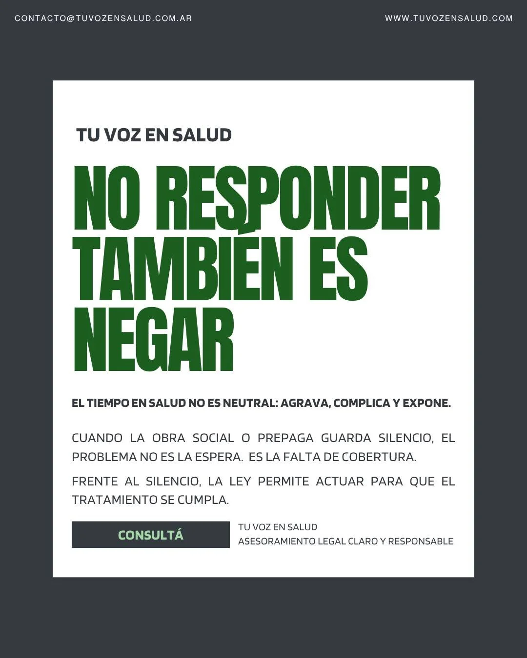 El silencio tambi&eacute;n es una forma de rechazo.

No responder, dilatar o &ldquo;dejar en tr&aacute;mite&rdquo;
genera el mismo resultado: no hay tratamiento.

En salud, el tiempo no sobra.
Cada d&iacute;a sin cobertura empeora la situaci&oacute;n
