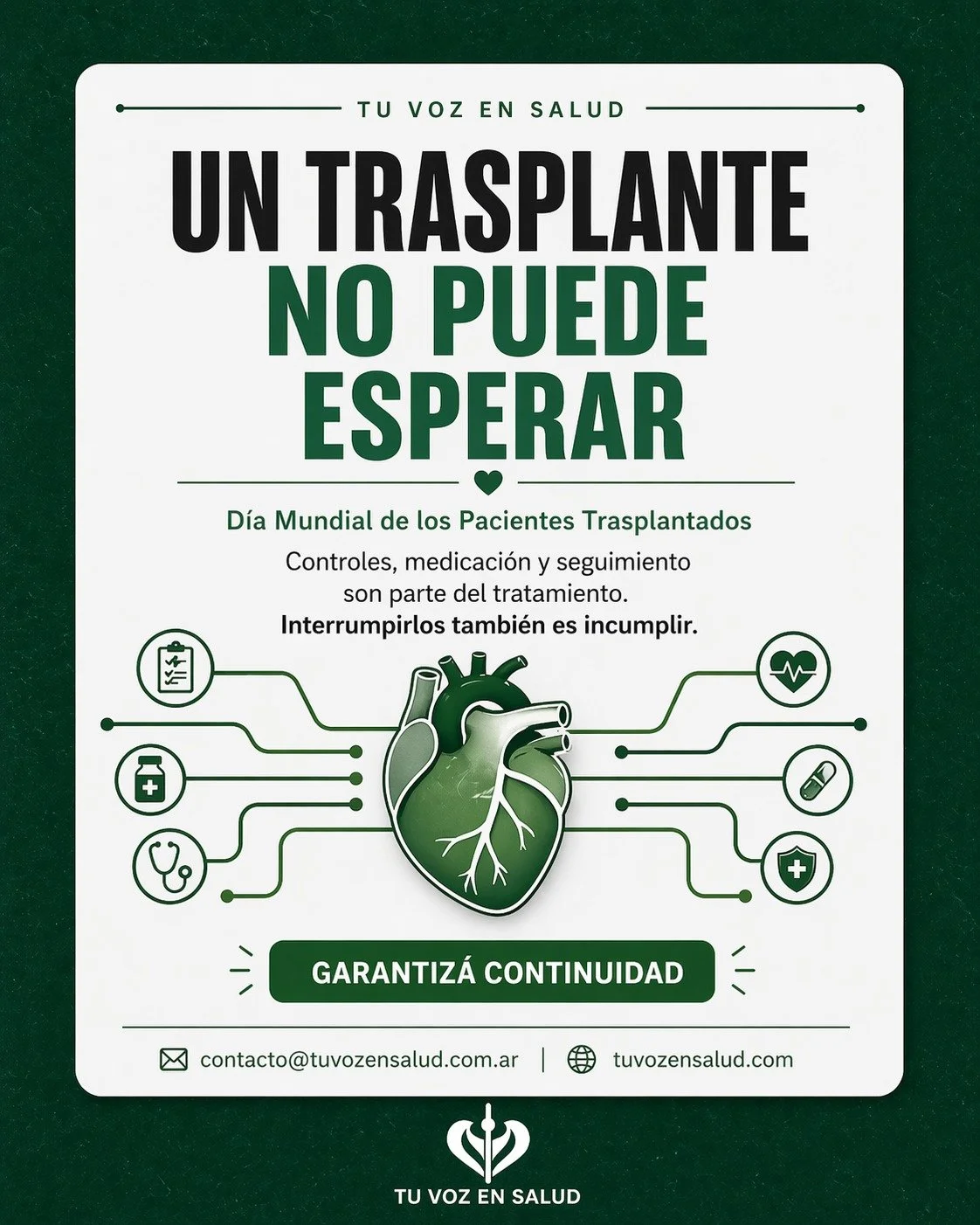 UN TRASPLANTE NO PUEDE ESPERAR

Despu&eacute;s de un trasplante, interrumpir controles, medicaci&oacute;n o seguimiento puede poner en riesgo todo el proceso.

Las obras sociales y prepagas no solo deben cubrir la cirug&iacute;a.
Tambi&eacute;n deben
