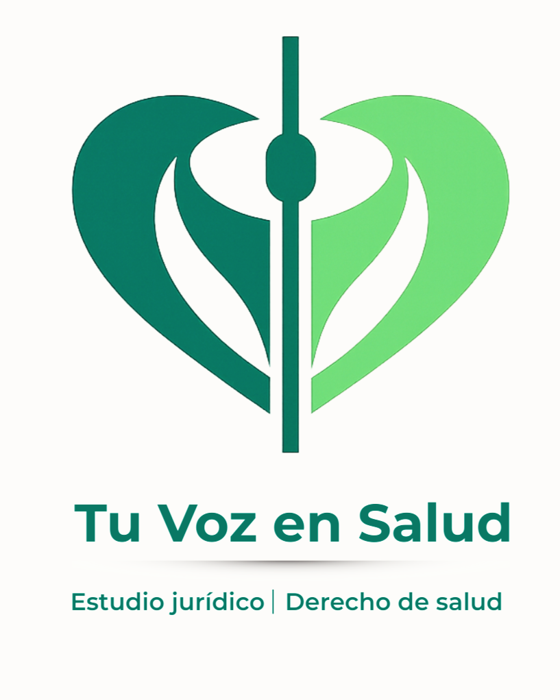 Logo con un corazón dividido en tonos verdes y una línea central, con texto que dice 'Tu Voz en Salud' y subtítulos 'Estudio jurídico' y 'Derecho de salud'.
