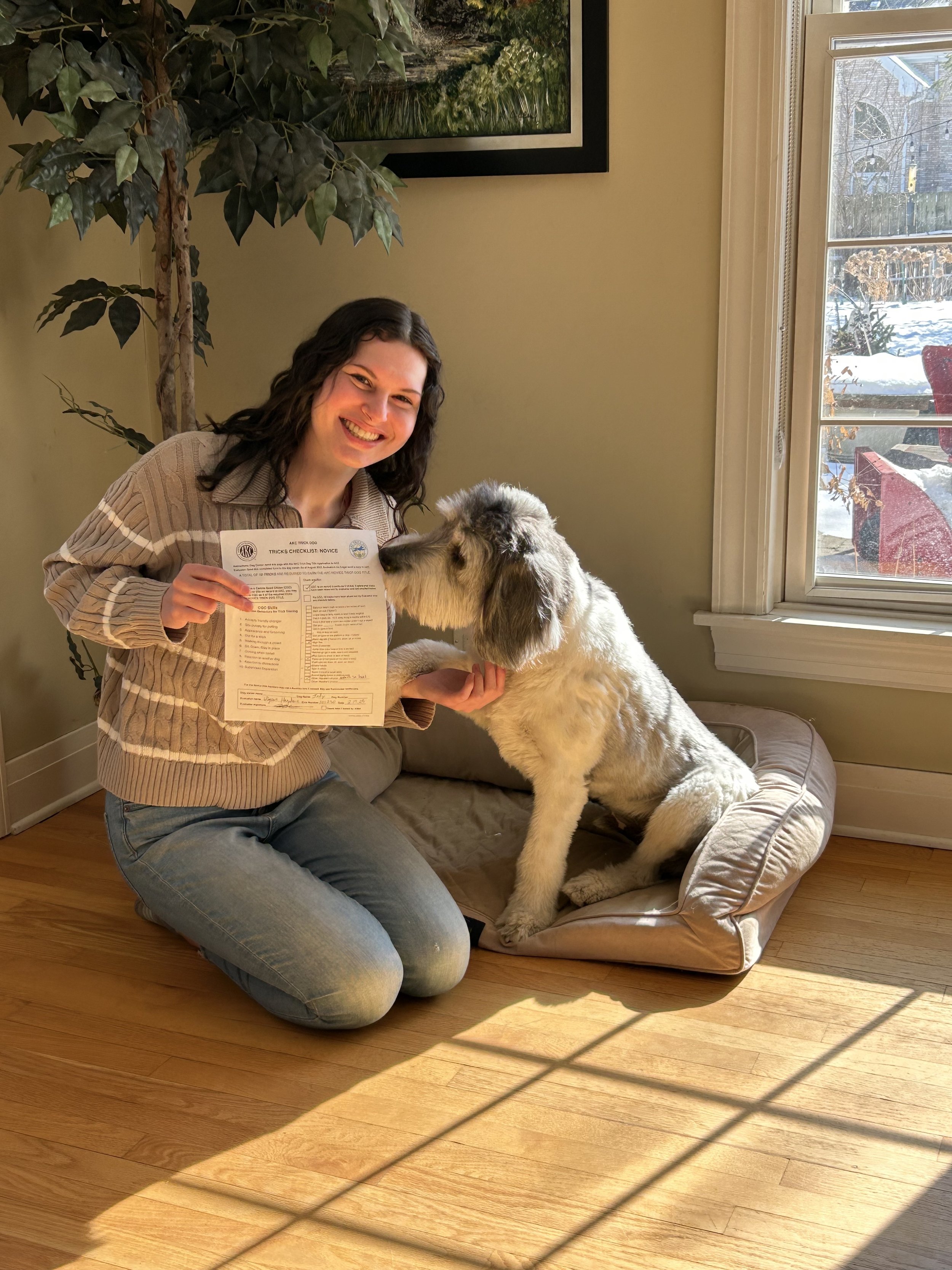 A woman named Sophie Hyndman, sitting with her fluffy black and white dog, holding up an award he won