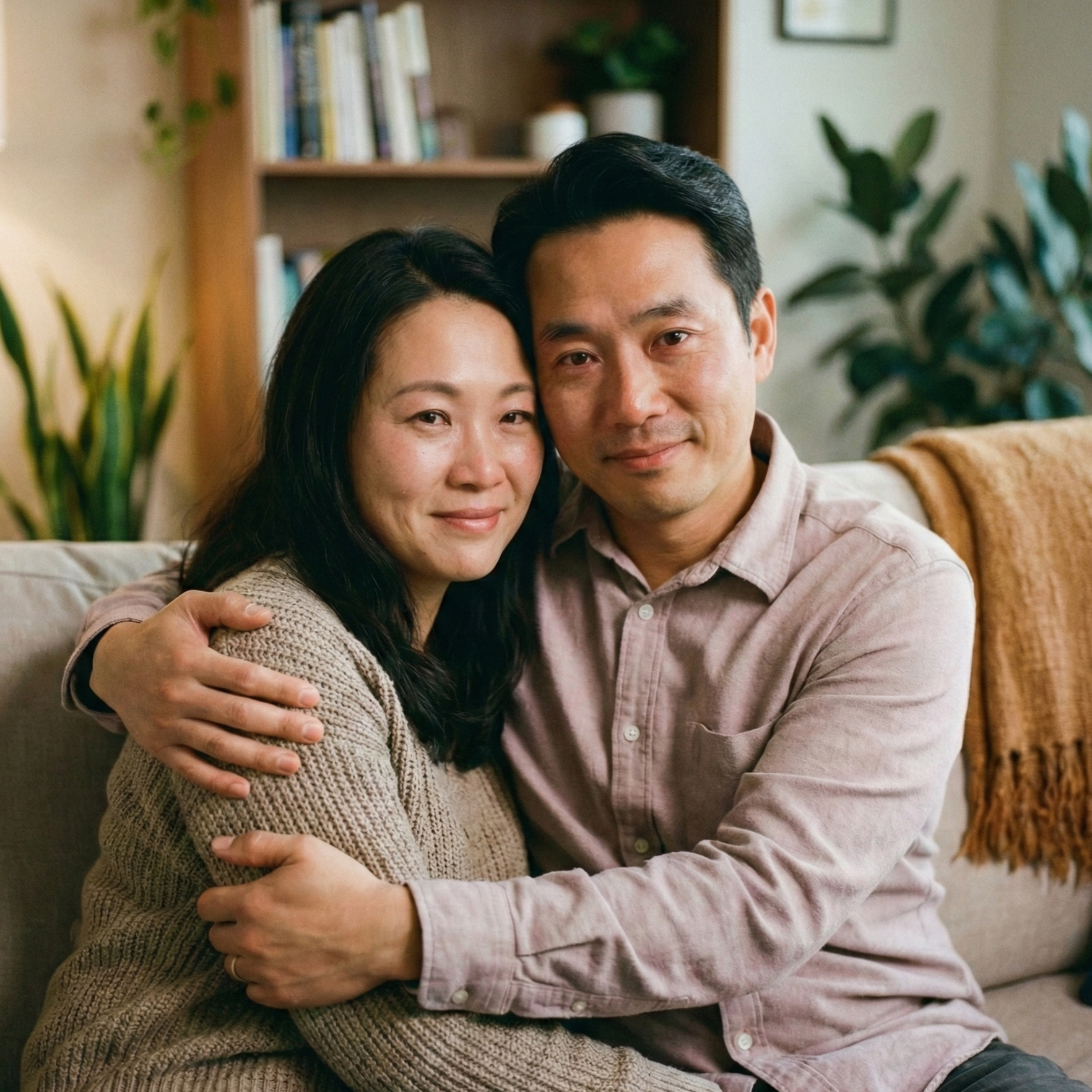 Asian couple in their 30s on a therapist couch embracing and smiling