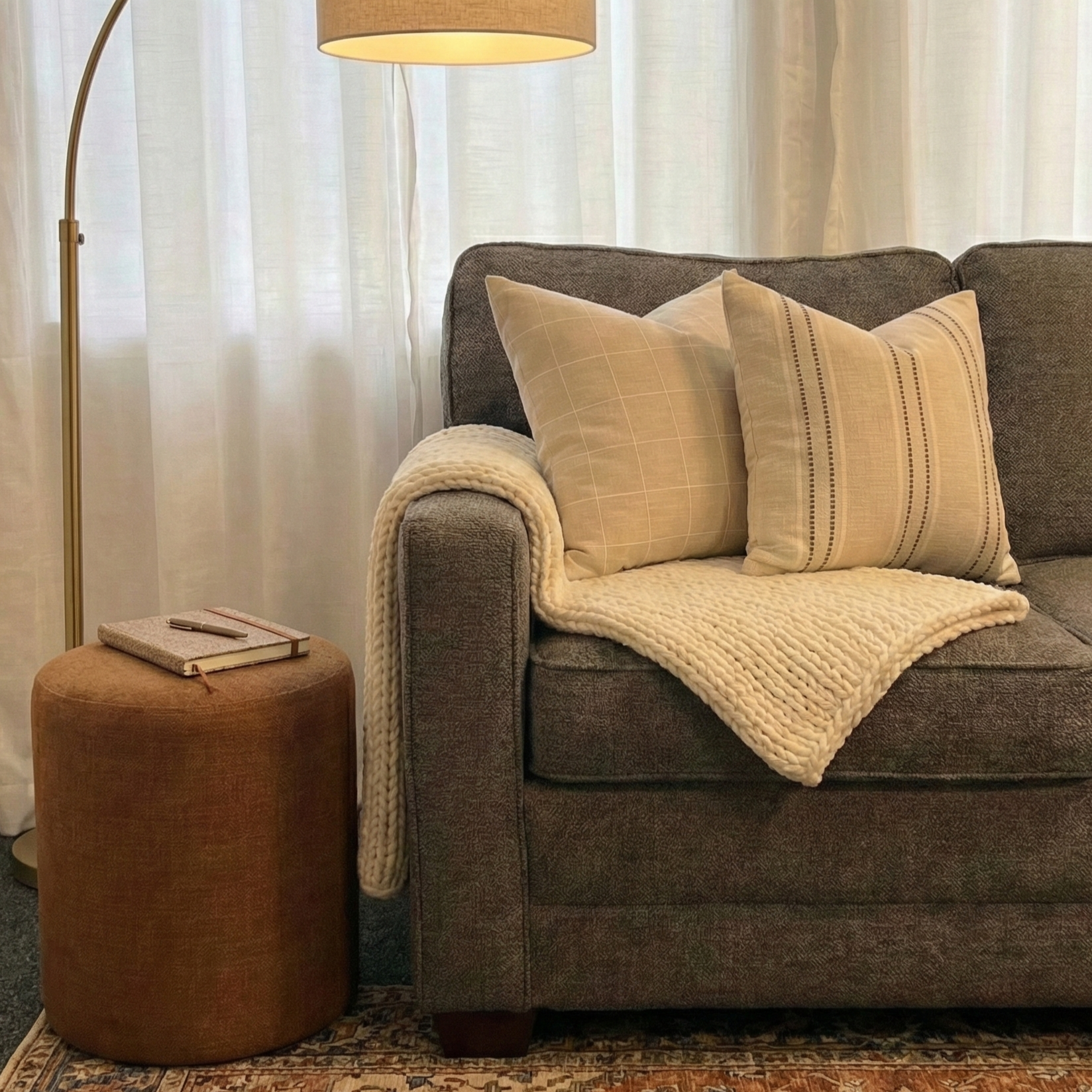 Couples therapy office sofa with beige pillows, an ottoman, notebook, and light filtering curtains.