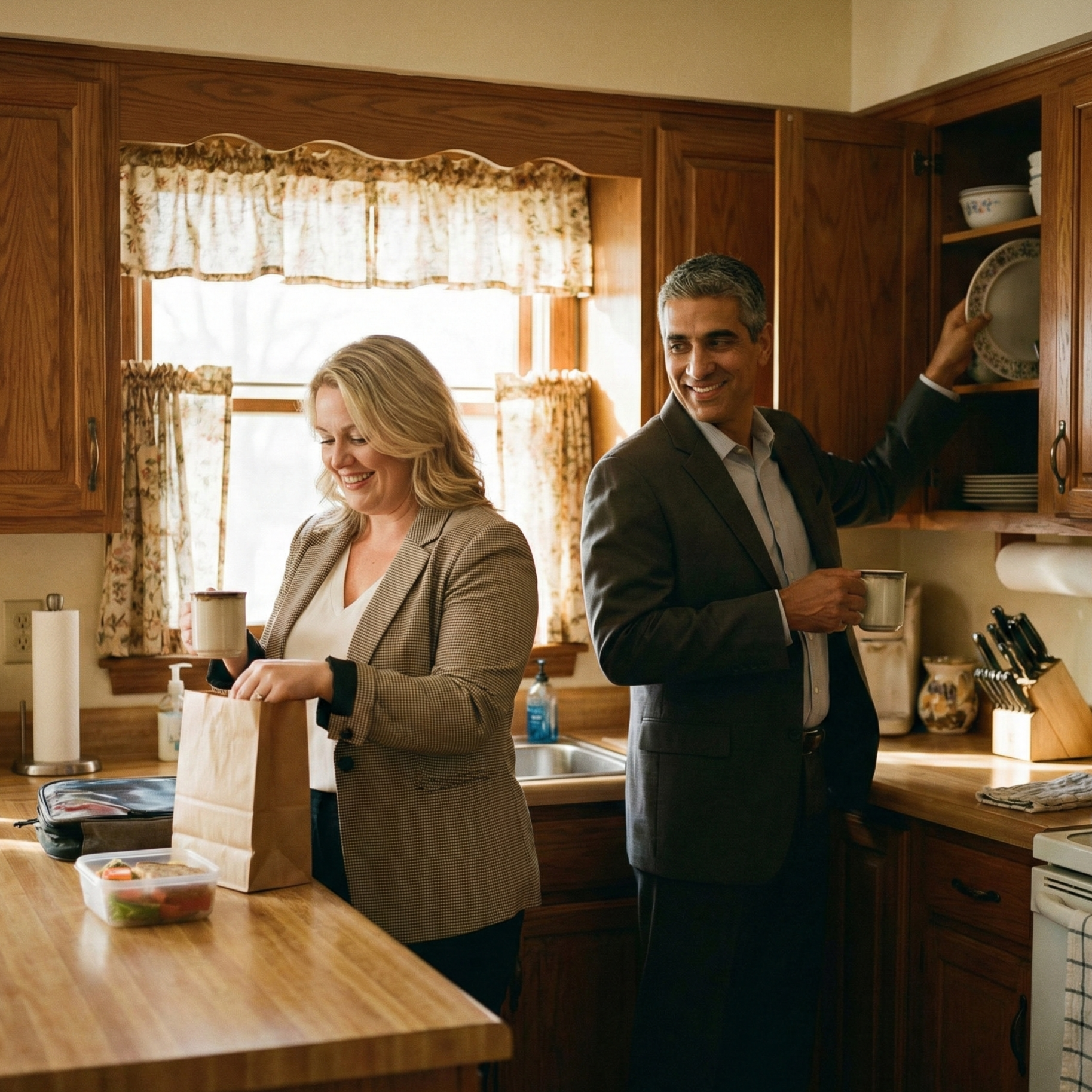 Heterosexual middle age couple getting ready for work, packing lunches, talking, and smiling